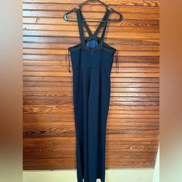 Jay Godfrey Dryden Bow Pleated Jumpsuit Wide Leg Navy Blue Size 2 Black Satin